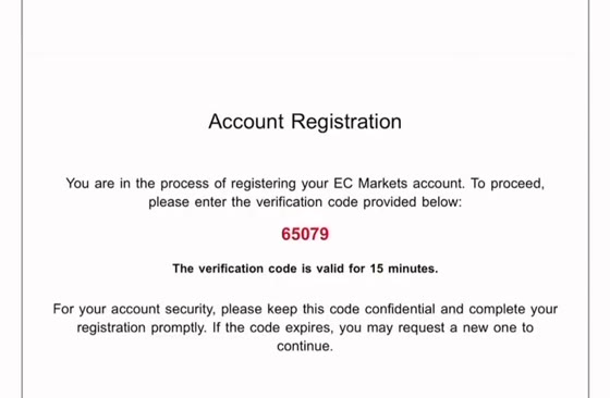 Email chứa mã xác minh đăng ký EC Markets