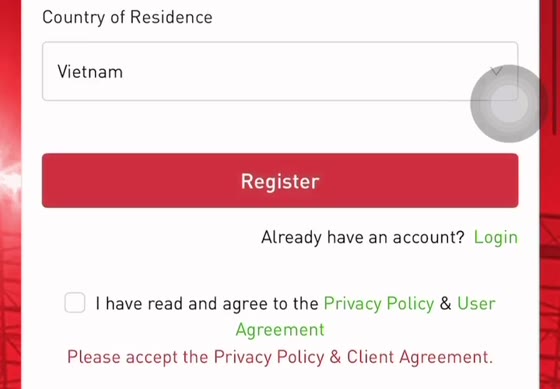 Chọn quốc gia Vietnam, tích điều khoản và bấm Register