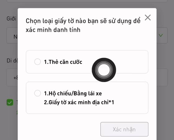 Chọn loại giấy tờ: thẻ căn cước, hộ chiếu, bằng lái